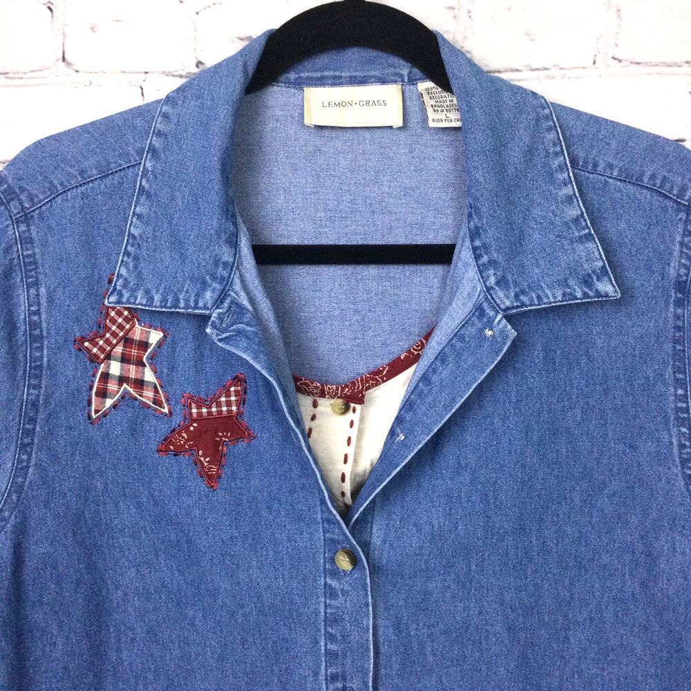 Lemon Grass VTG Chambray Farmcore Patch Short Sleeve Blue Collared Shirt Large - Picture 2 of 14